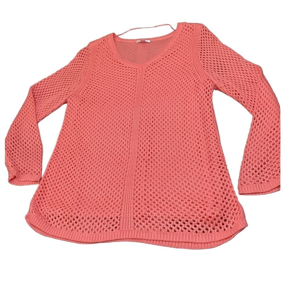 Croft & Barrow Womens Coral‎ Pink Open Knit V-Neck Lined Sweater Size L